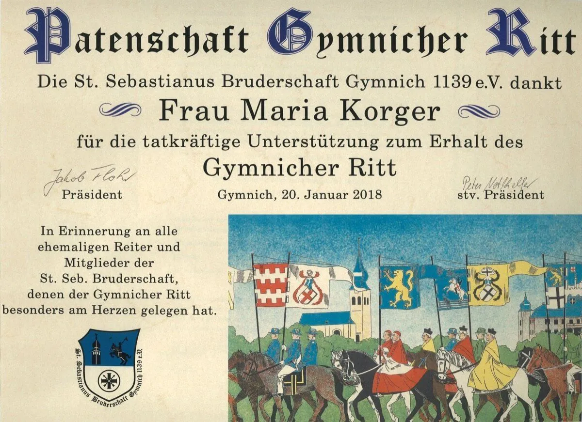 Urkunde zur Patenschaft von Ria Korger