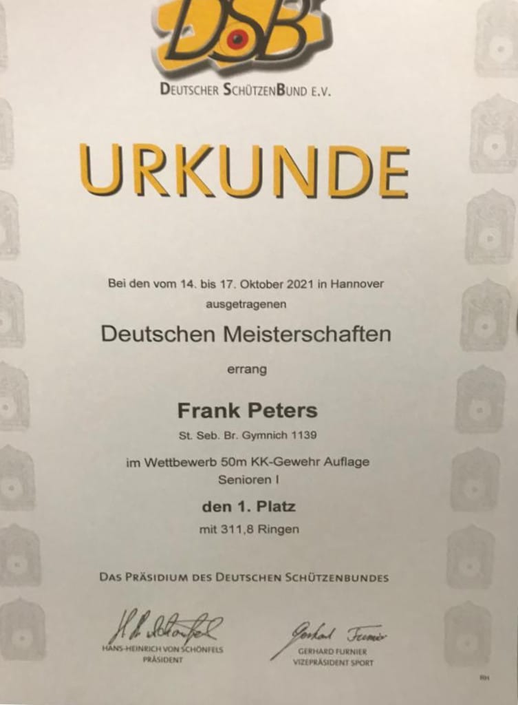 Siegerurkunde Frank Peters - Deutscher Meister